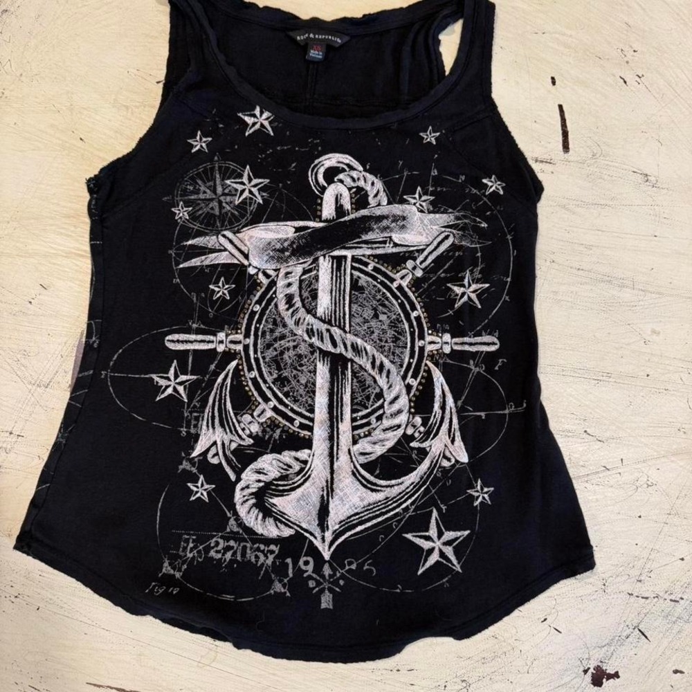 Rock & Republic Tank Top Women XS Black Anchor Graphic Rhinestone Edgy